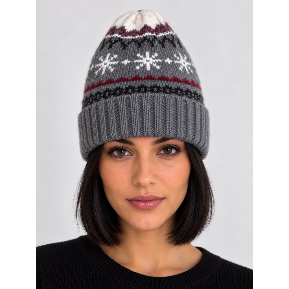 Grand Sierra Womens Fair Isle Snowflake Knit Cuff Beanie Hat One Size Gray White